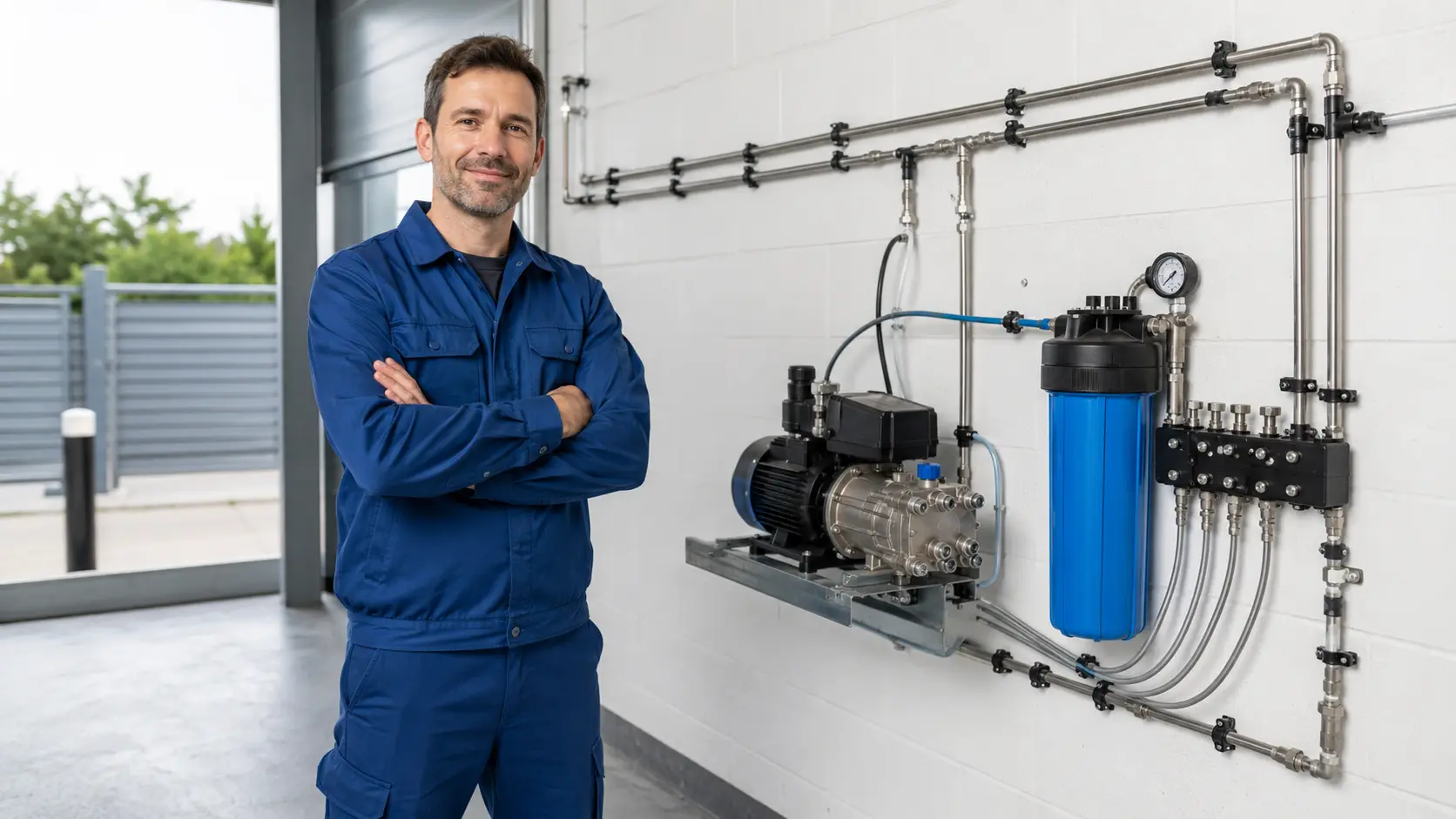 Técnico satisfecho junto a una instalación terminada