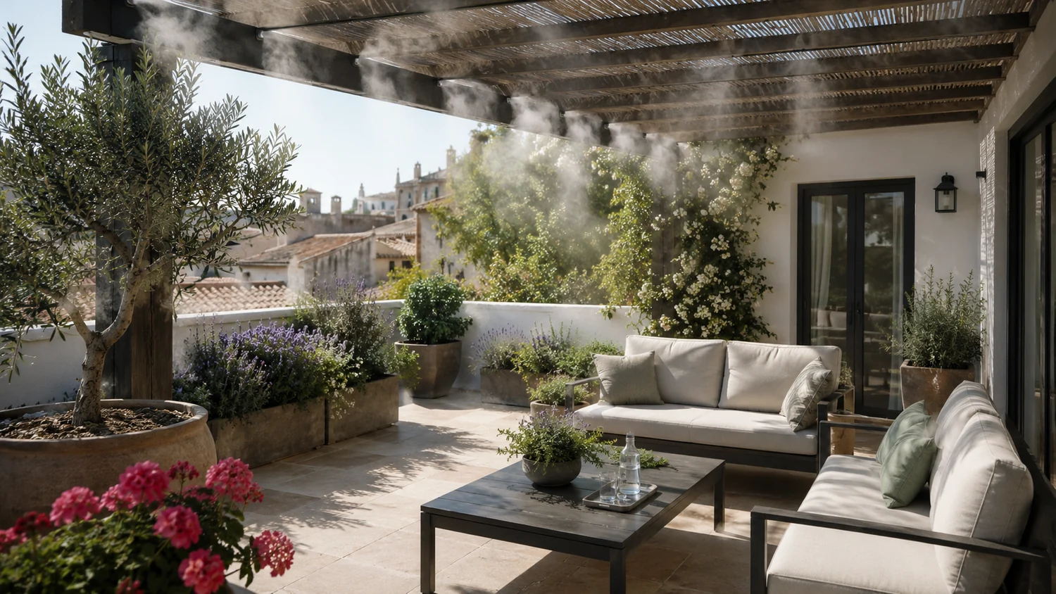 Terraza particular mediterránea con nebulización